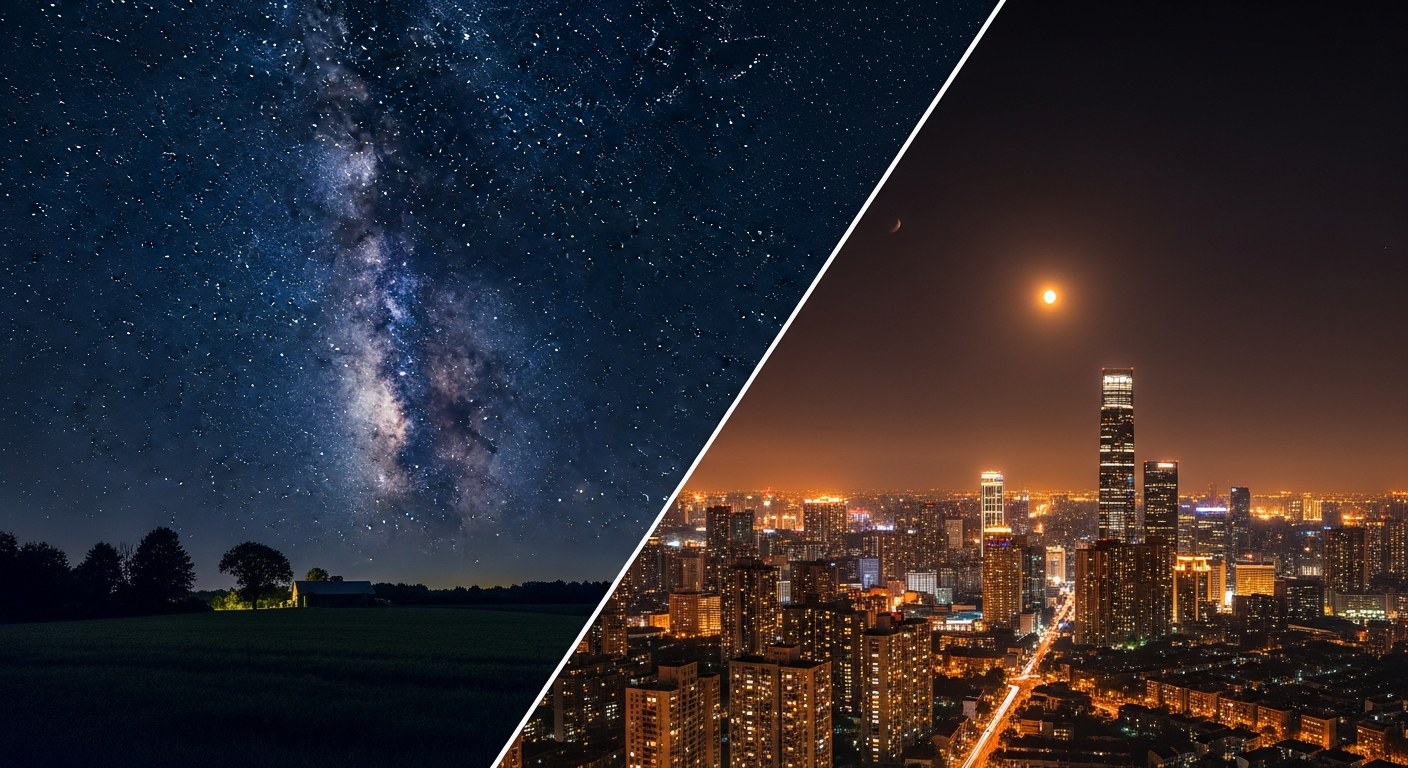 Cinematic Vergleich: links Sternenhimmel ueber Land, rechts Stadt mit hellem Lichtdom