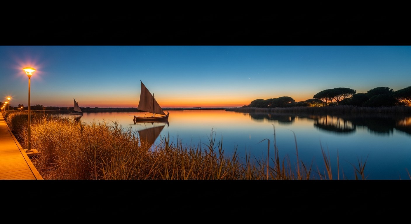 Albufera-Lagune bei Sonnenuntergang mit traditionellem Holzboot und moderner abgeschirmter Beleuchtung