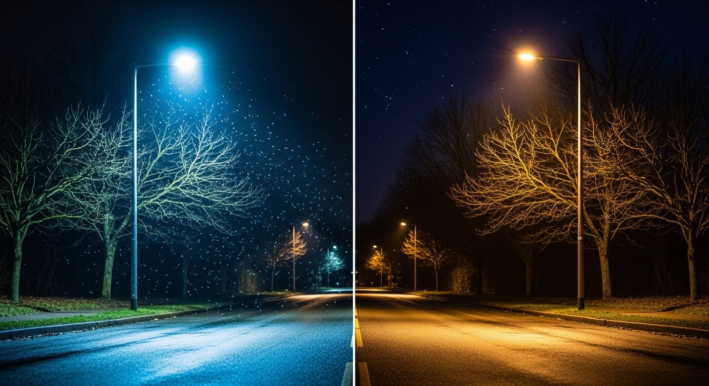 Vergleich: links alte unabgeschirmte kaltweiße Straßenlampe mit Insektenschwarm, rechts moderne abgeschirmte warmweiße LED